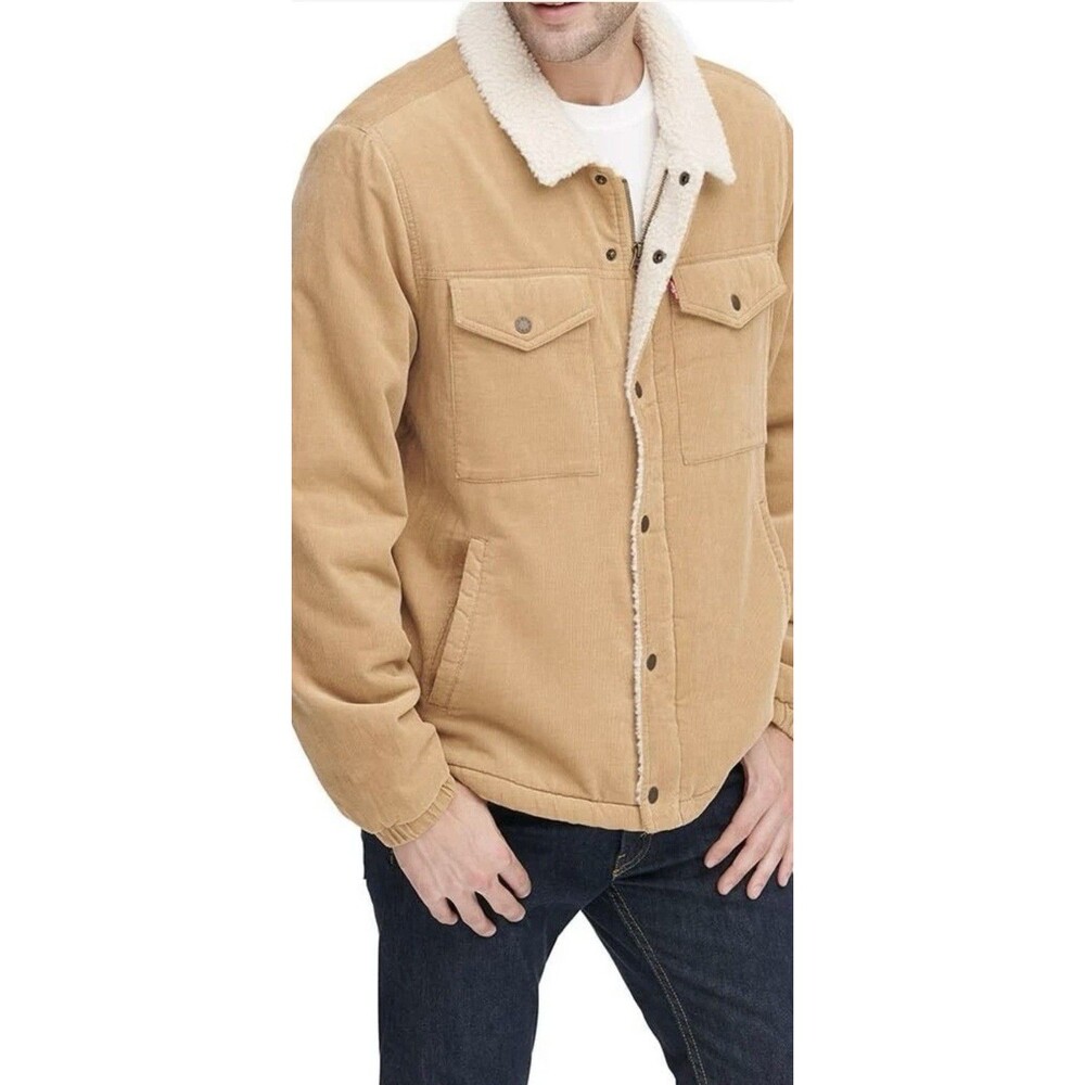 Levi's Corduroy Trucker Jacket Sherpa Lined Full Zip L Tan Pockets Western Outdo